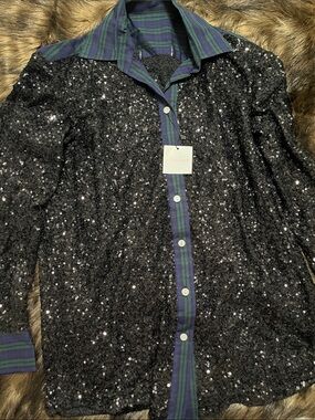Sequined Black Button-Down Shirt with Plaid Trim